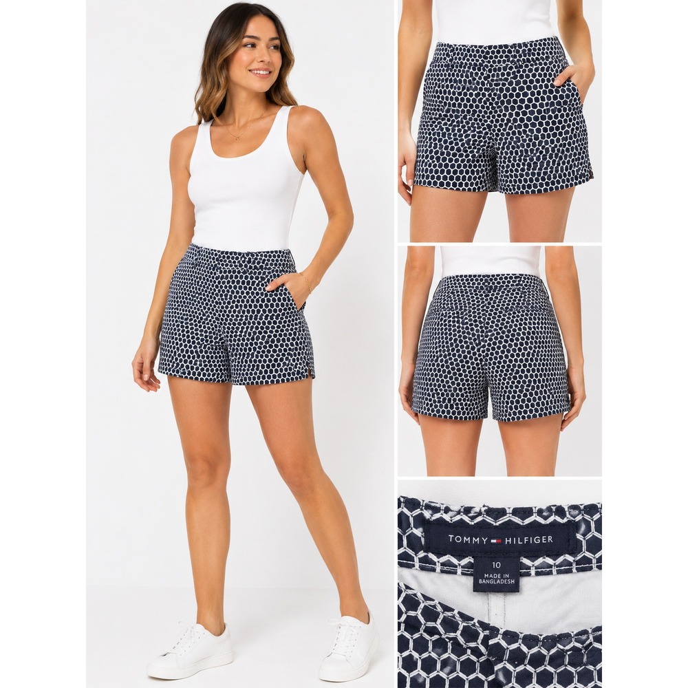 Tommy Hilfiger Womens 10 Navy White Honeycomb Geometric Cotton Chino Shorts